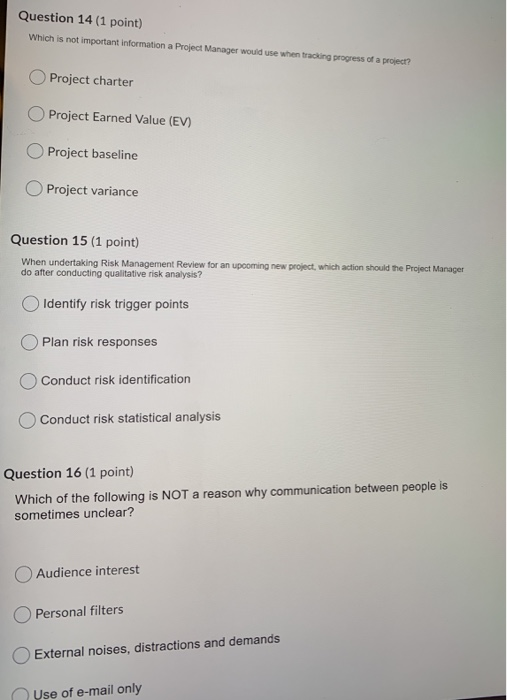 Question 14 (1 point) Which is not important