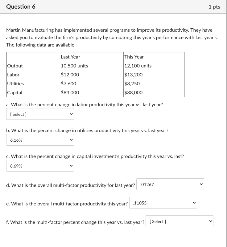Question 6 1 pts Martin Manufacturing has