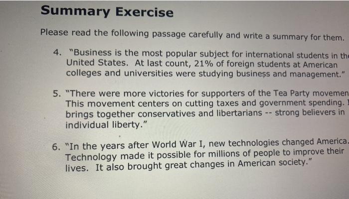 Summary Exercise Please read the following