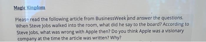 Magic Kingdom Please read the following article