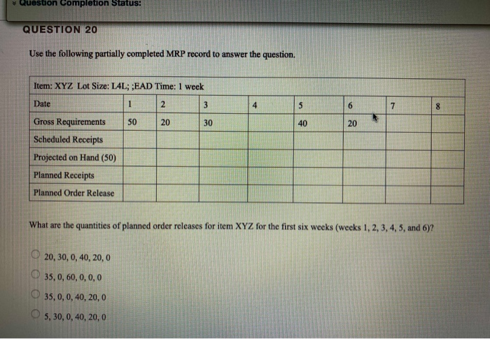 Quesuon Completion Status: QUESTION 20 Use the