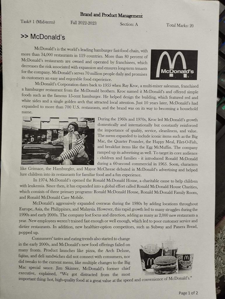 Answer only 4 Number Questions McDonald's Total