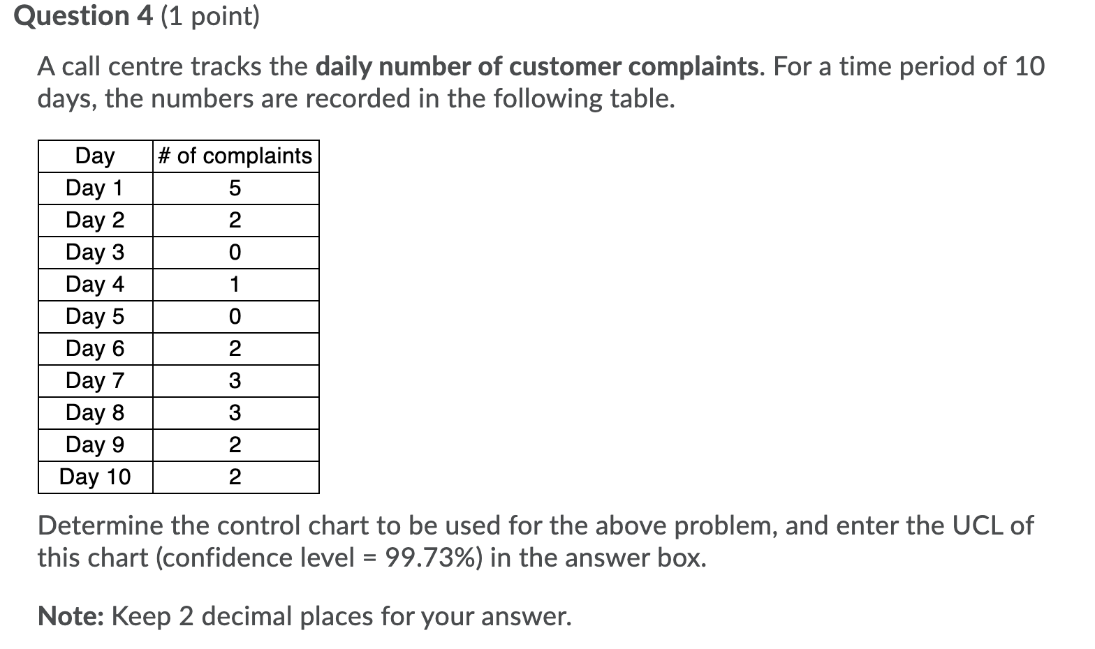 Question 4 (1 point) A call centre tracks the