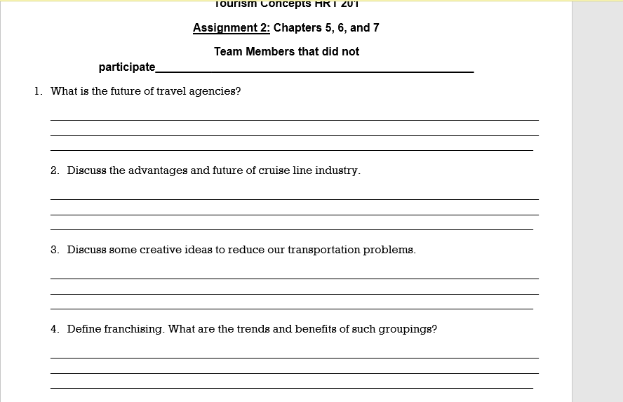 Tourism Concepts HRT 20T Assignment 2: Chapters