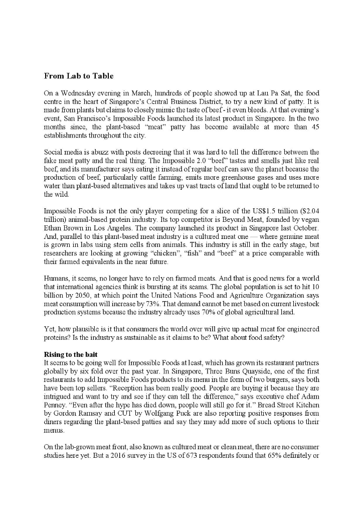 From Lab to Table On a Wednesday evening in