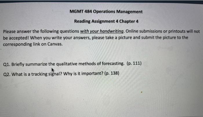 MGMT 484 Operations Management Reading Assignment