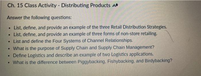 Ch. 15 Class Activity - Distributing Products A