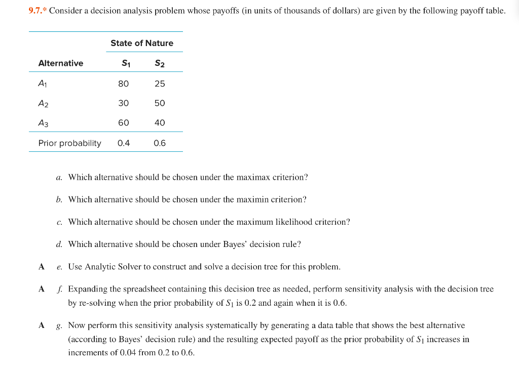 9.7.* Consider a decision analysis problem whose