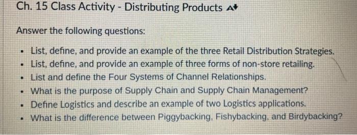 Ch. 15 Class Activity - Distributing Products A