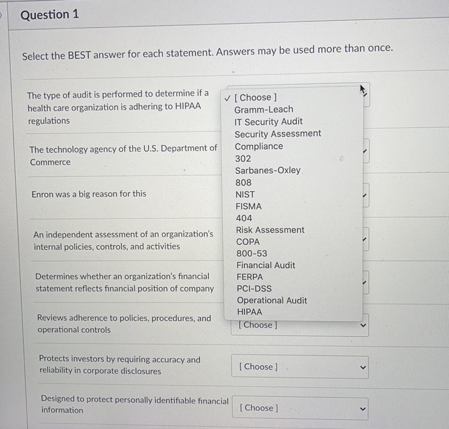 Question 1 Select the BEST answer for each