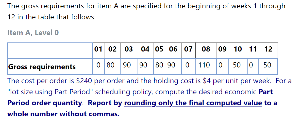 Please help! The gross requirements for item A