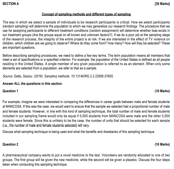 SECTION A [30 Marks] Concept of sampling methods