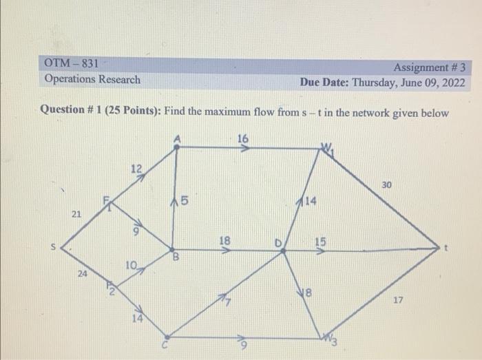 OTM-831 Operations Research Assignment # 3 Due