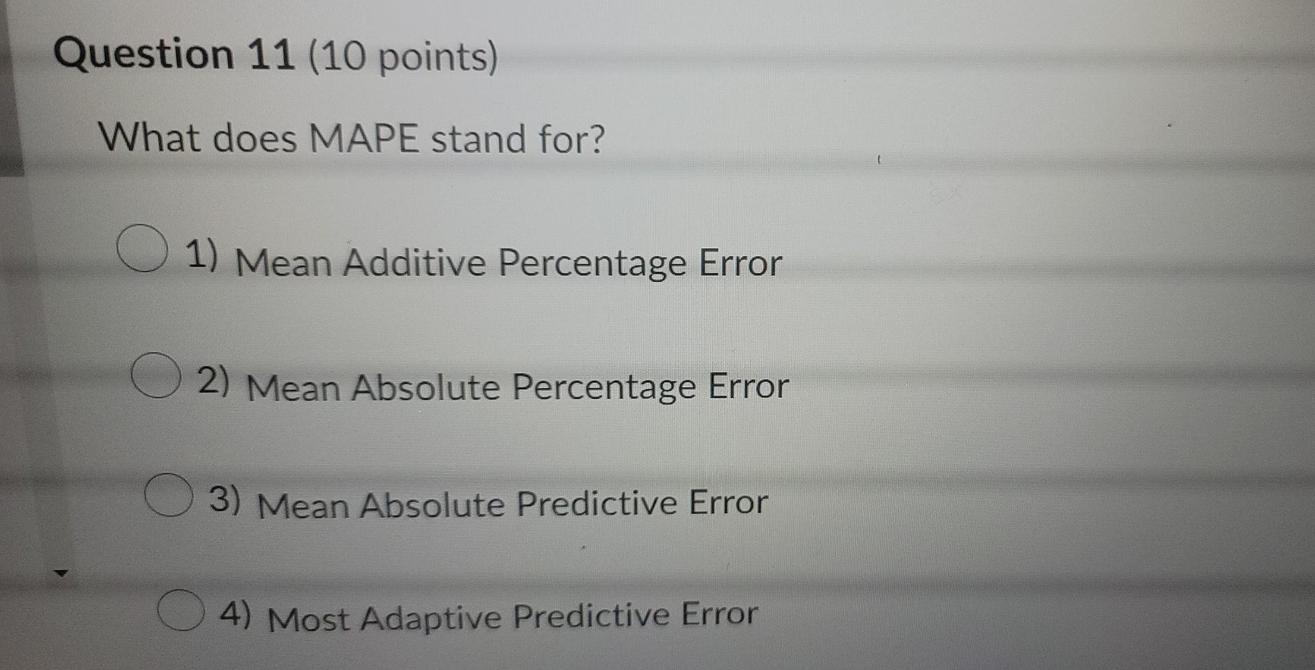 What does MAPE stand for? 1) Mean Additive