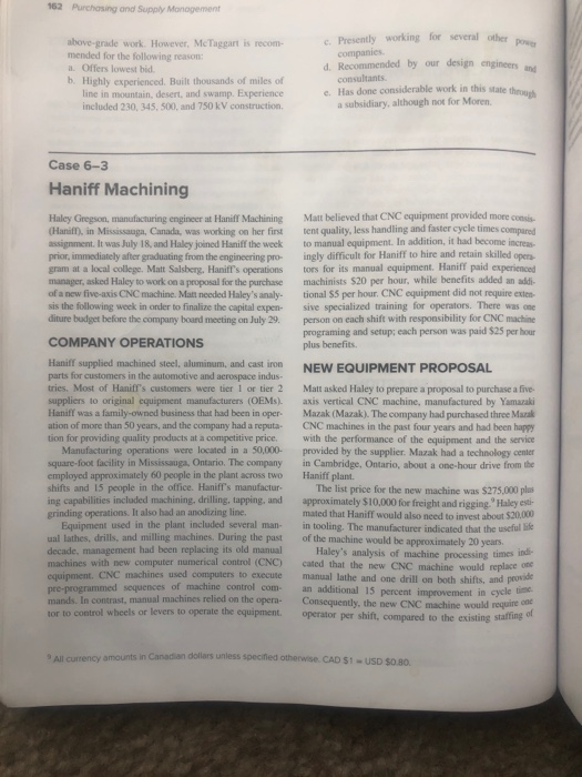Case 6-3: Haniff Machining Discussion Questrions: