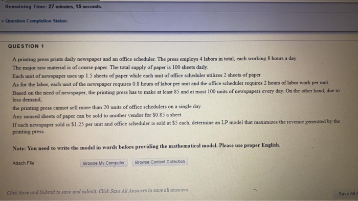 Remaining Time: 27 minutes, 15 seconds. Question