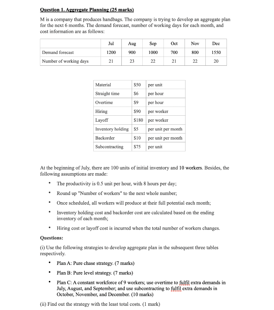 Question 1. Aggregate Planning (25 marks) Mis a
