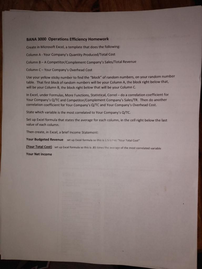 BANA 3000 Operations Efficiency Homework Create