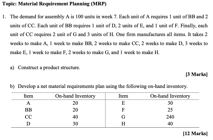 The demand for assembly A is 100 units in week 7.