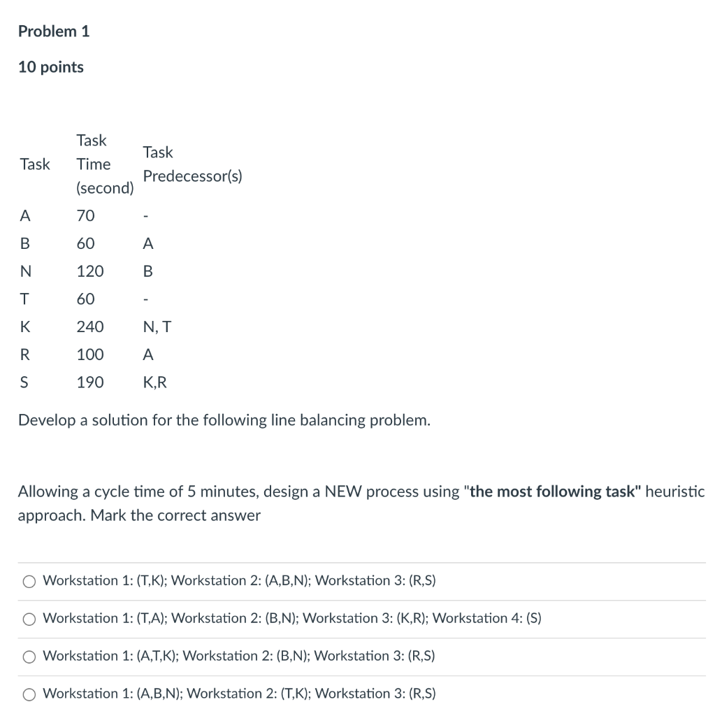 Problem 1 10 points Task Task Time (second) Task