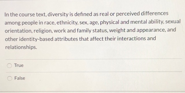 In the course text, diversity is defined as real