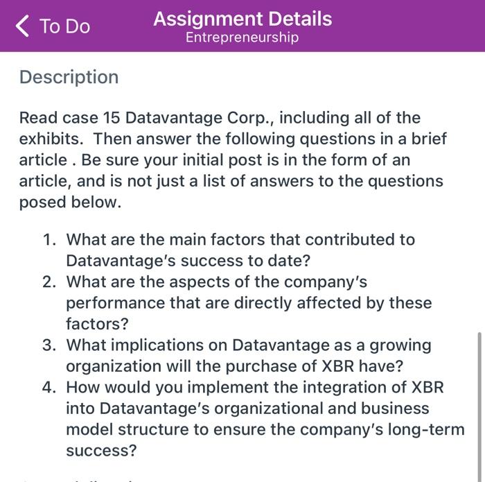 To Do Assignment Details Entrepreneurship