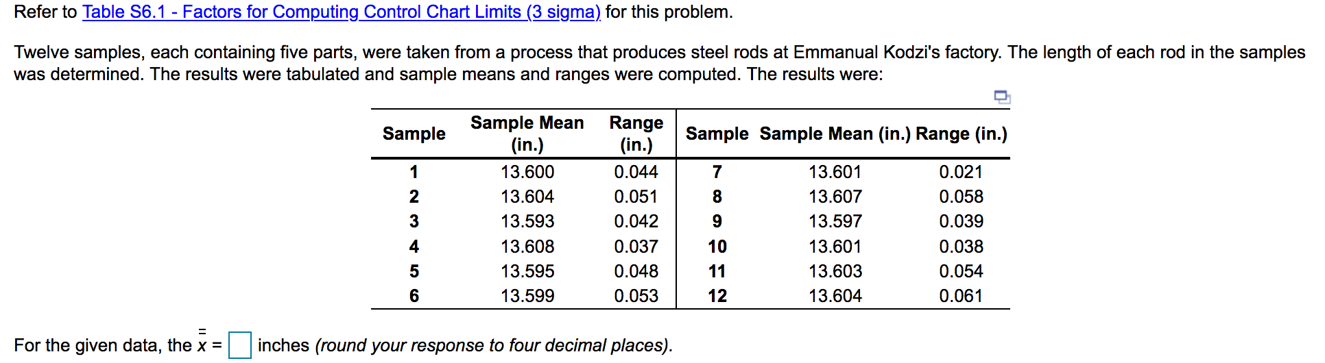 Refer to Table 56.1 - Factors for Computing