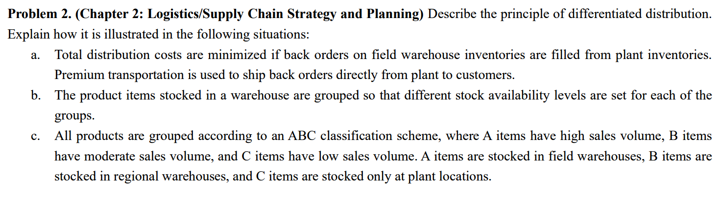 a. Problem 2. (Chapter 2: Logistics/Supply Chain
