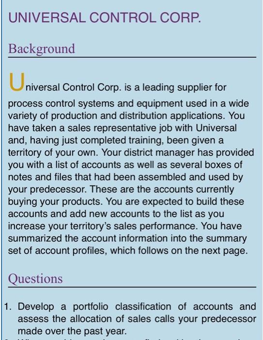 UNIVERSAL CONTROL CORP. Background Unive niversal