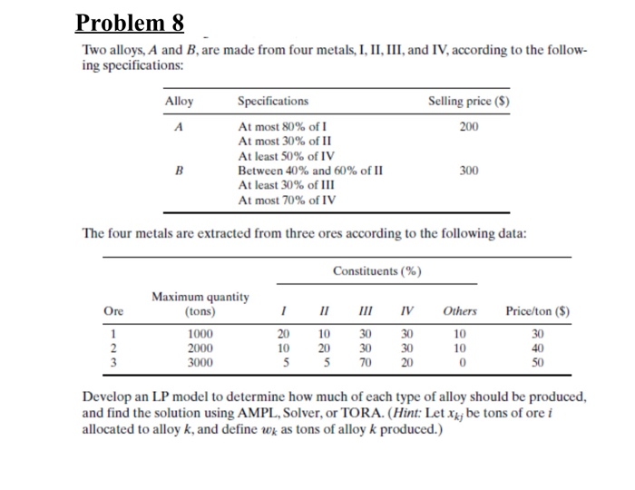 Problem 8 Two alloys, A and B, are made from four