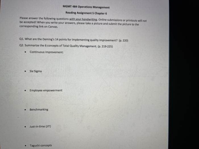 MGMT 484 Operations Management Reading Assignment