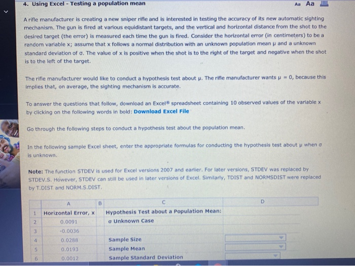 4. Using Excel - Testing a population mean Aa Aa