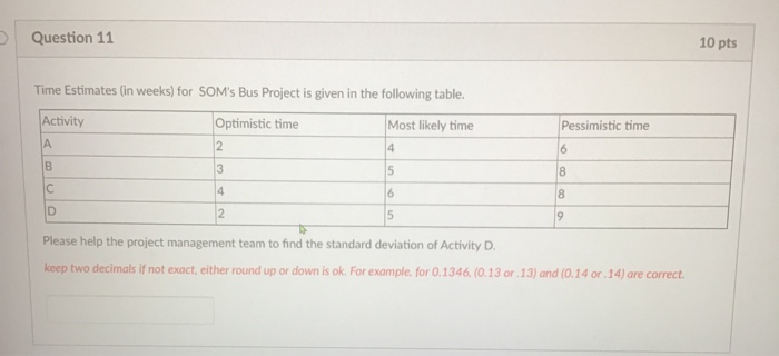 Question 11 10 pts Time Estimates (in weeks) for