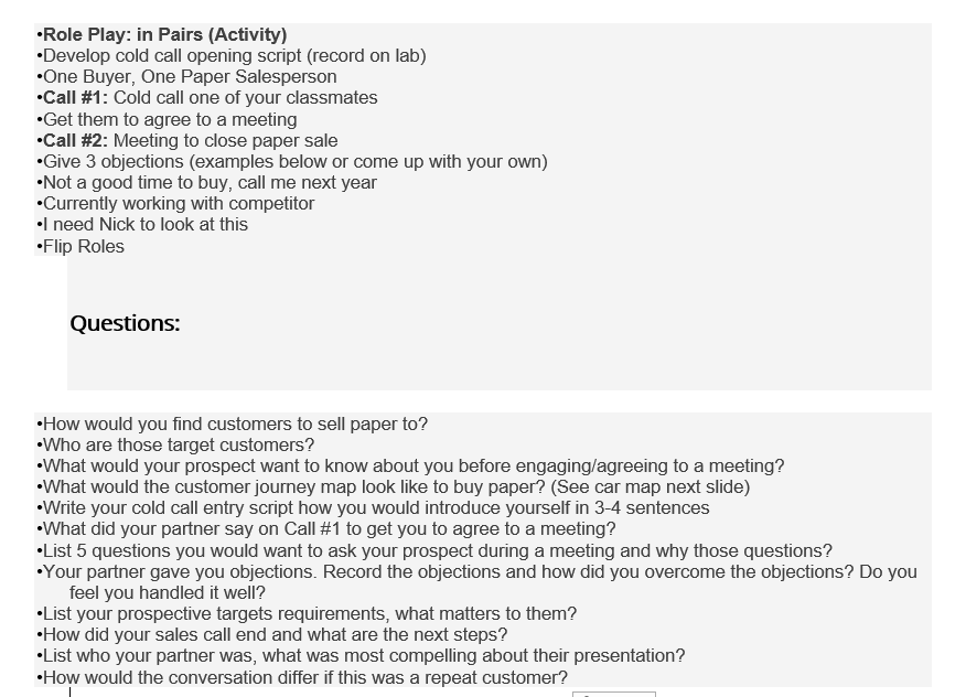 Role Play: in Pairs (Activity) Develop cold call