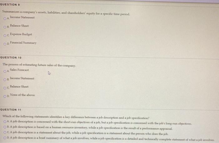 QUESTION 9 Summarizes a company's assets,