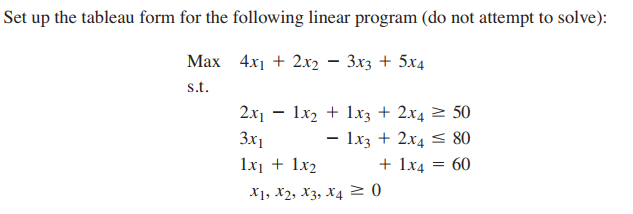 Using Simplex Method Set up the tableau form for