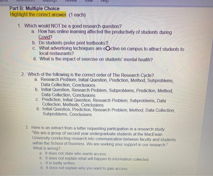 ly eview View Help Part B: Multiple Choice