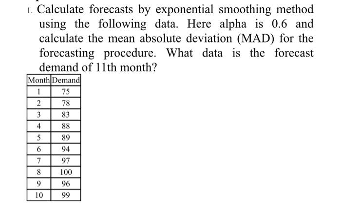 1. Calculate forecasts by exponential smoothing