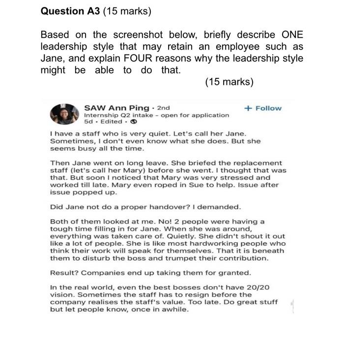 Question A3 (15 marks) Based on the screenshot