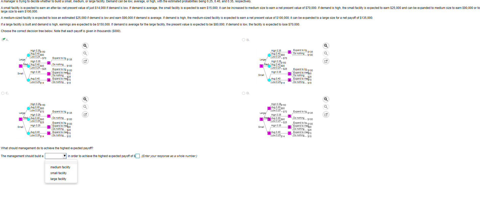 A manager is trying to decide whether to build a