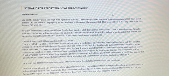 SCENARIO FOR REPORT TRAINING PURPOSES ONLY For