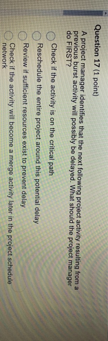 Question 17 (1 point) A project manager
