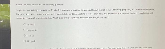 st, Select the best answer to the following