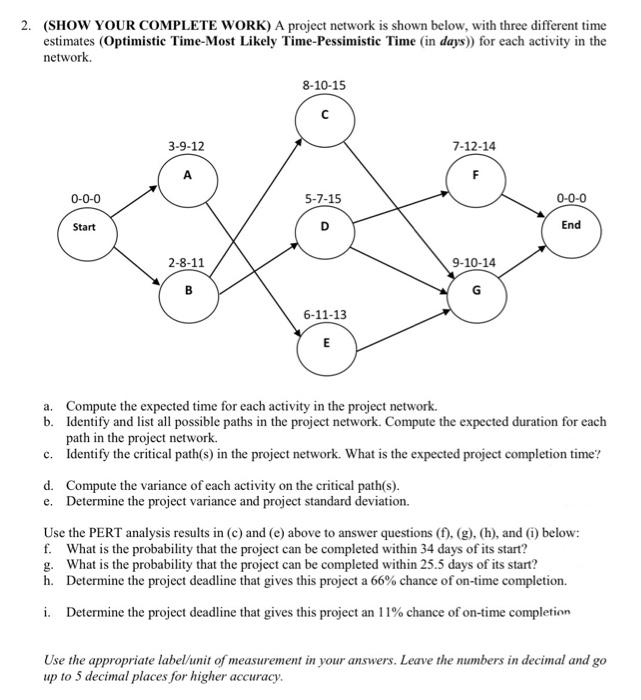 2. (SHOW YOUR COMPLETE WORK) A project network is
