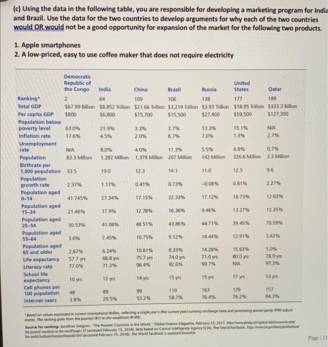 (c) Using the data in the following table, you