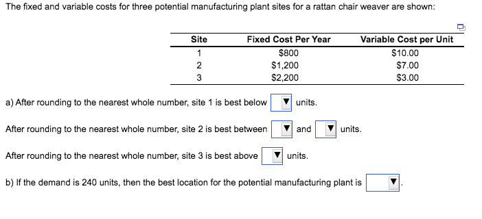 The fixed and variable costs for three potential