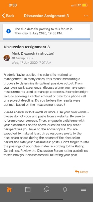 8:30 LTE < Back Discussion Assignment 3 The due
