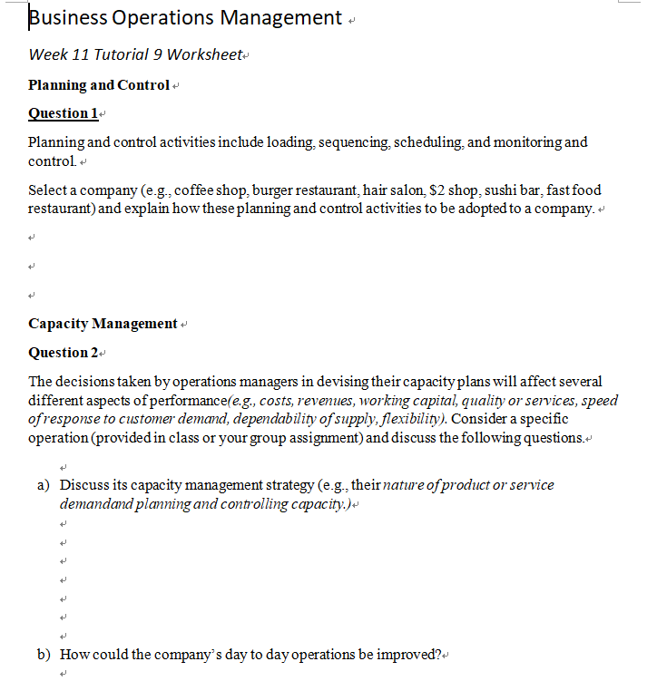 Business Operations Management Week 11 Tutorial 9