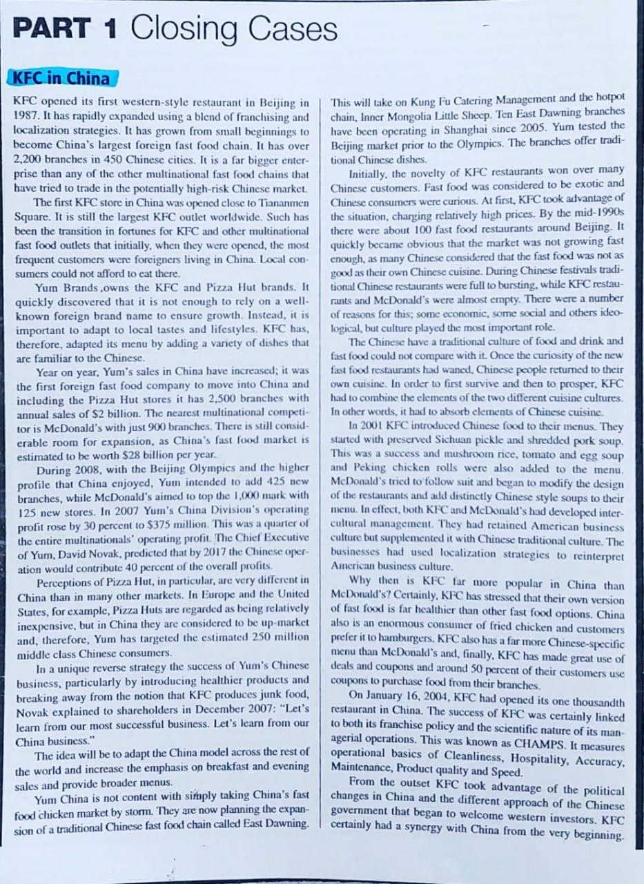 PART 1 Closing Cases KFC in China KFC opened its