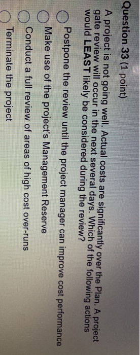 Question 33 (1 point) A project is not going